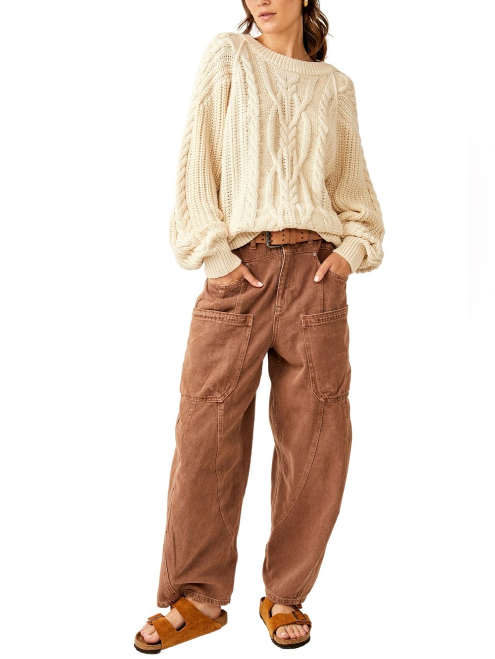 Free People Frankie Cable Cotton Sweater Ivory Medium - Picture 5 of 12